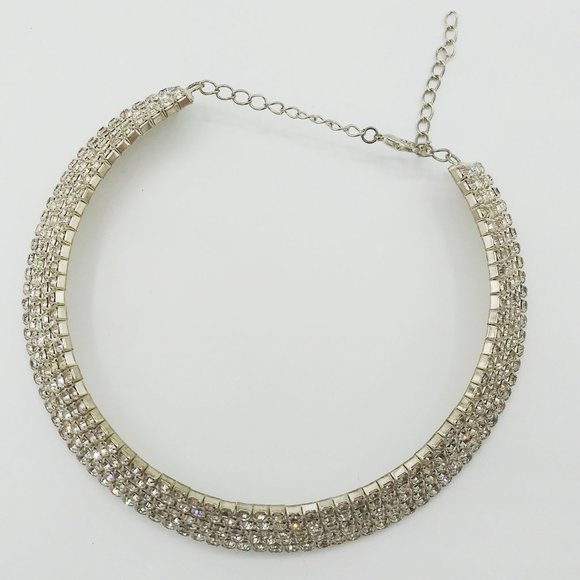 Five Row Thick Silver Tone Prong Set Rhinestone Choker Necklace 12” Plus - Picture 4 of 6